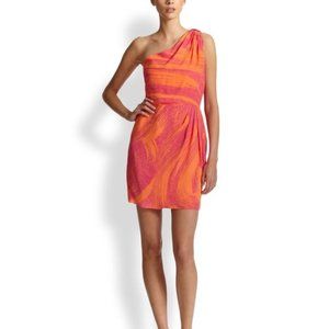 Shoshanna pink and orange one shoulder silk cocktail dress with tulip skirt, 4